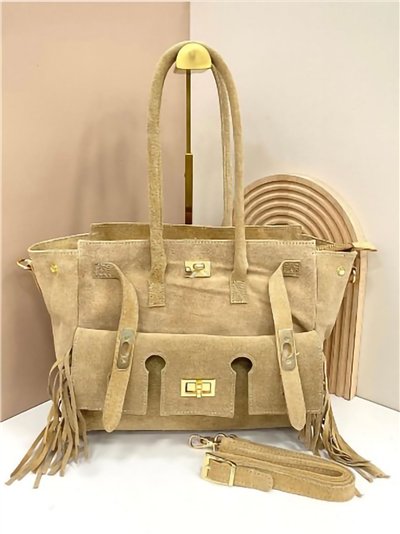Bolso tote piel serraje con solapa y flecos 2