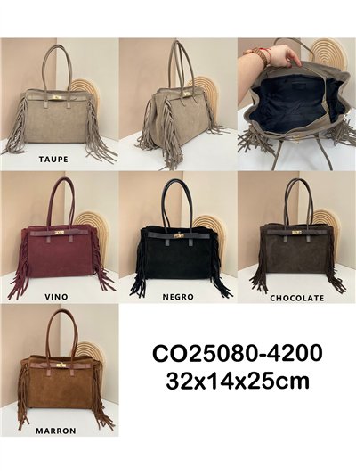 Bolso tote piel serraje con flecos laterales