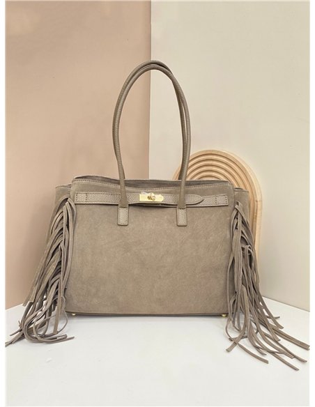 Bolso tote piel serraje con flecos laterales
