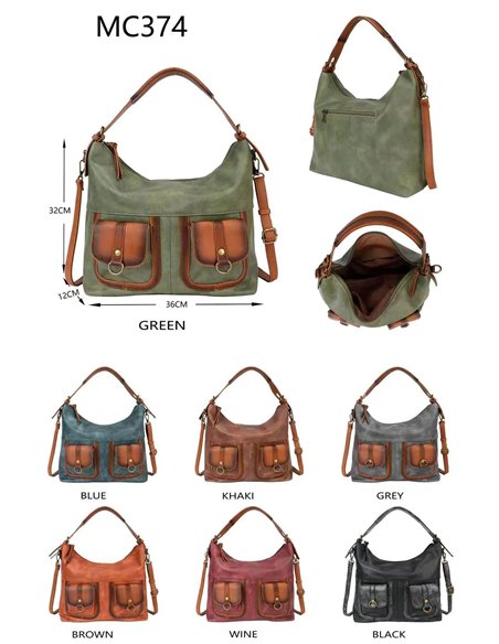 Bolso hobo polipiel con bolsillos frontales