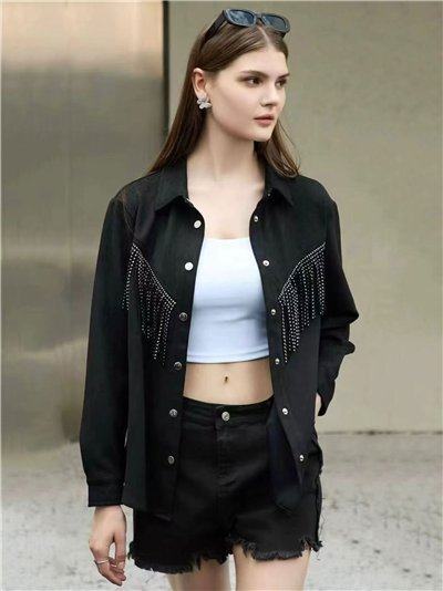 Chaqueta efecto ante con flecos strass