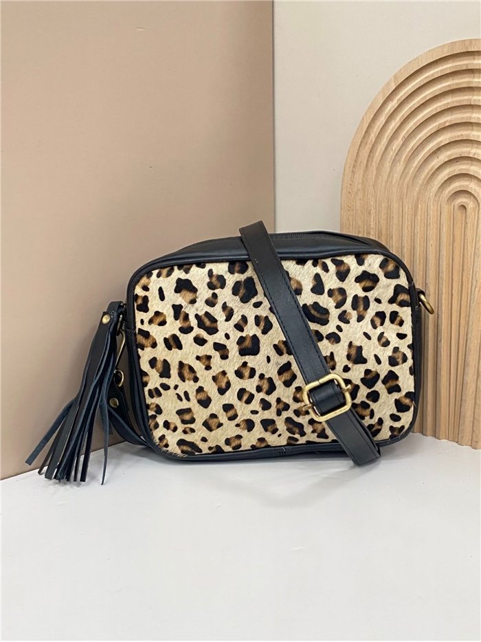Bandolera piel pelo animal print borlas