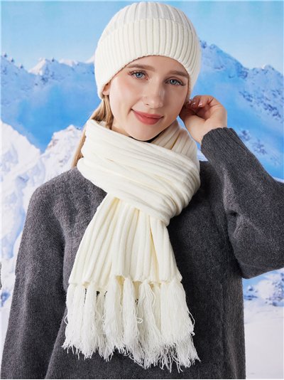 Conjunto Bufanda punto canalé con flecos + Gorro