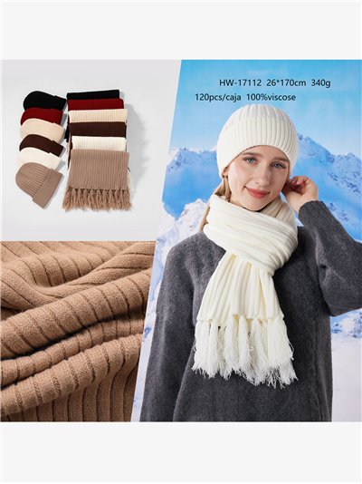 Conjunto Bufanda punto canalé con flecos + Gorro 2