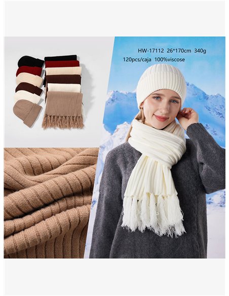 Conjunto Bufanda punto canalé con flecos + Gorro