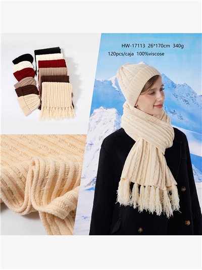 Conjunto Bufanda punto trenzas con flecos+ Gorro  2