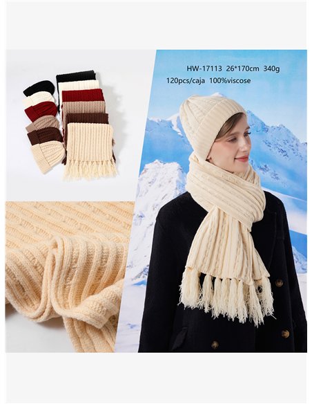 Conjunto Bufanda punto trenzas con flecos+ Gorro 