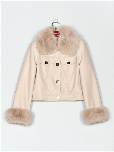 Chaqueta efecto piel cuello y puño con pelo