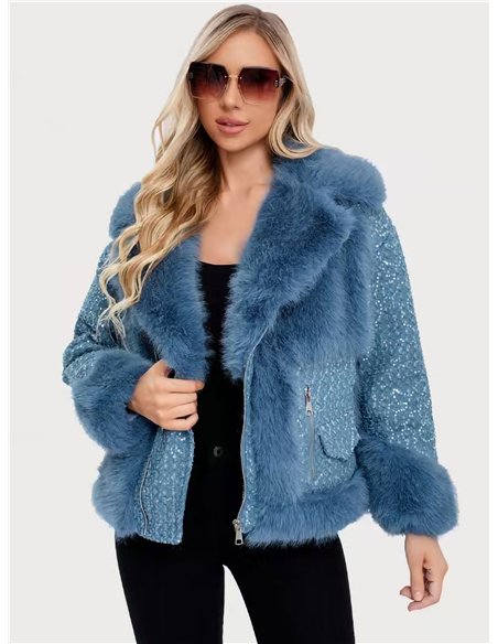 Chaqueta biker denim acolchado pelo con lentejuelas