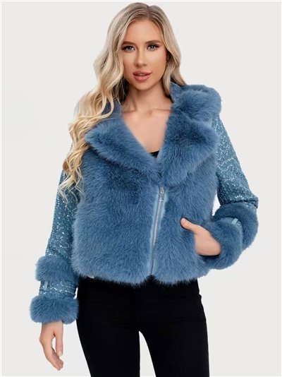 Chaqueta biker acolchada pelo y lentejuelas con capucha