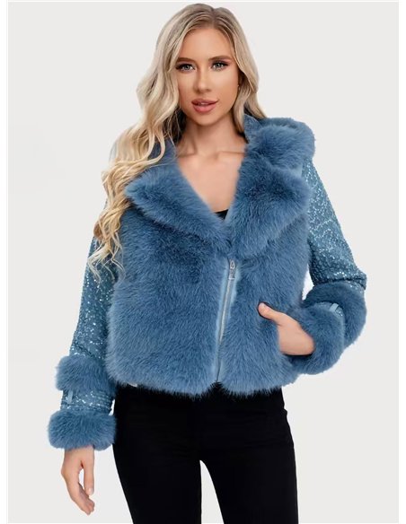 Chaqueta biker acolchada pelo y lentejuelas con capucha