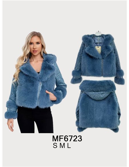 Chaqueta biker acolchada pelo y lentejuelas con capucha