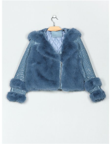 Chaqueta biker acolchada pelo y lentejuelas con capucha