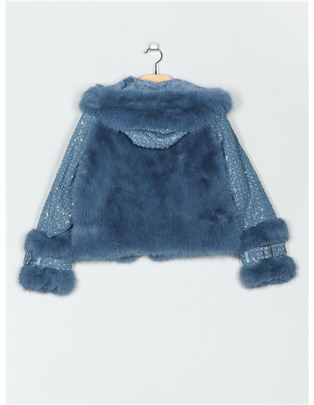 Chaqueta biker acolchada pelo y lentejuelas con capucha