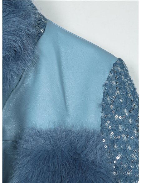 Chaqueta biker acolchada pelo y lentejuelas con capucha