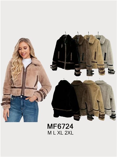 Chaqueta aviador pelo efecto piel con hebillas 2