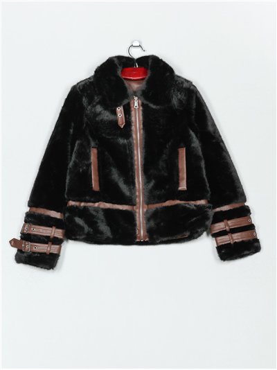 Chaqueta aviador pelo efecto piel con hebillas