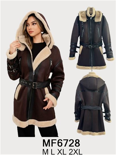 Abrigo efecto ante con capucha y cinturón 2