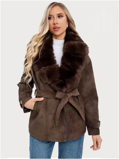 Abrigo biker amplio efecto piel cinturón y cuello con pelo