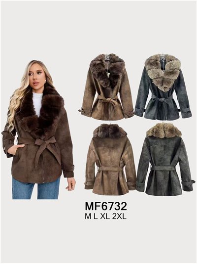 Abrigo biker amplio efecto piel cinturón y cuello con pelo 2