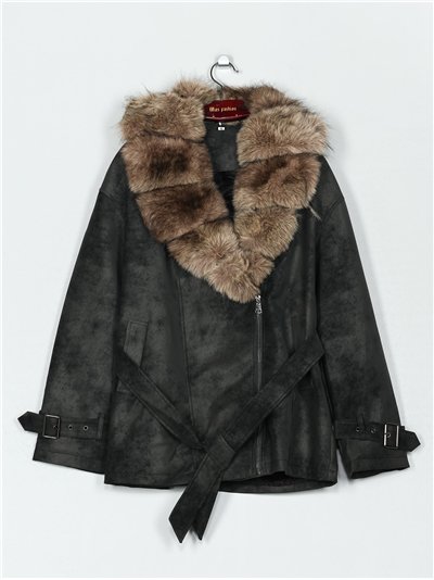 Abrigo biker amplio efecto piel cinturón y cuello con pelo