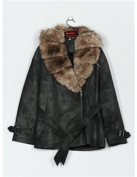 Belted faux leather biker coat with faux fur collar