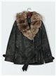 Belted faux leather biker coat with faux fur collar