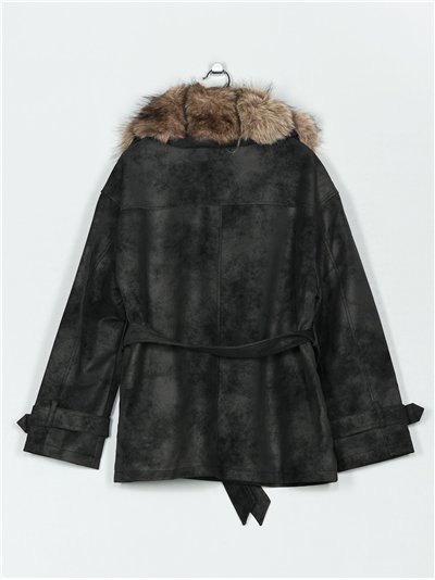 Abrigo biker amplio efecto piel cinturón y cuello con pelo 2