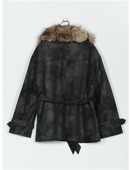 Belted faux leather biker coat with faux fur collar