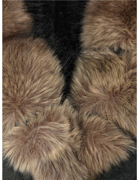 Belted faux leather biker coat with faux fur collar