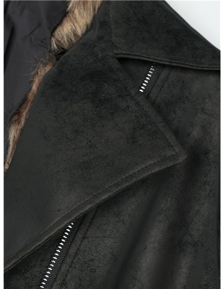 Belted faux leather biker coat with faux fur collar