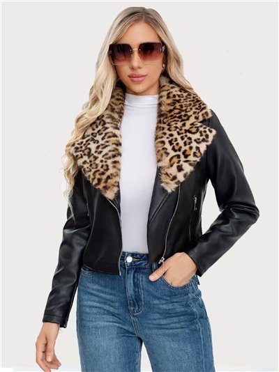Chaqueta biker efecto piel cuello de pelo animal print