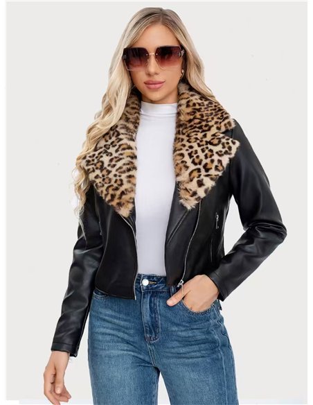 Chaqueta biker efecto piel cuello de pelo animal print
