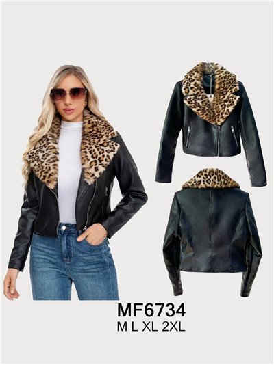 Chaqueta biker efecto piel cuello de pelo animal print 2
