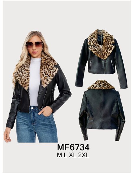 Chaqueta biker efecto piel cuello de pelo animal print