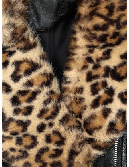 Chaqueta biker efecto piel cuello de pelo animal print