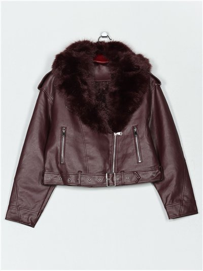Chaqueta biker efecto piel con cuello de pelo