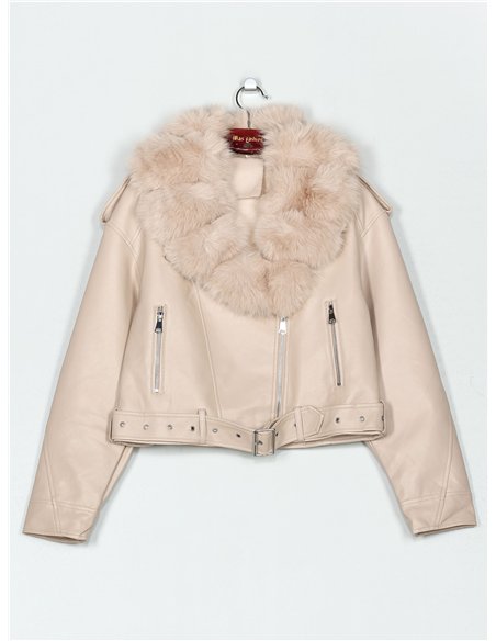 Chaqueta biker efecto piel con cuello de pelo