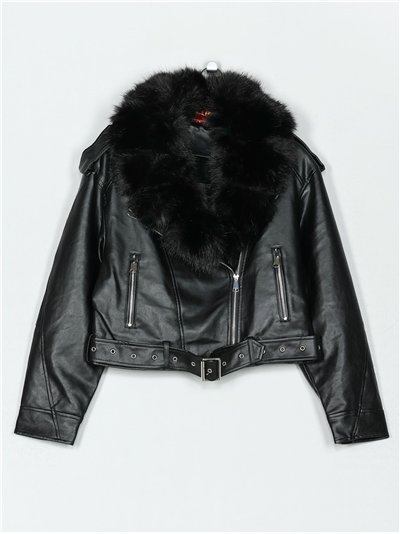 Chaqueta biker efecto piel con cuello de pelo
