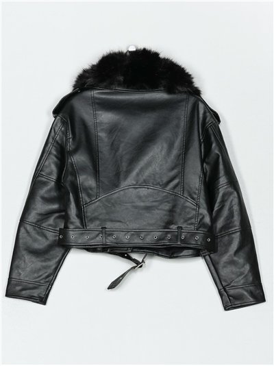 Chaqueta biker efecto piel con cuello de pelo 2