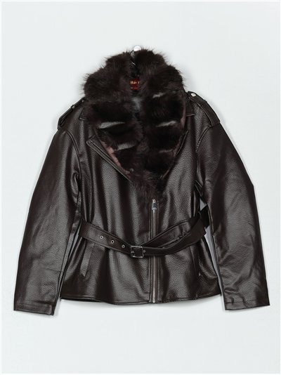 Chaqueta biker efecto piel con cinturón y cuello de pelo