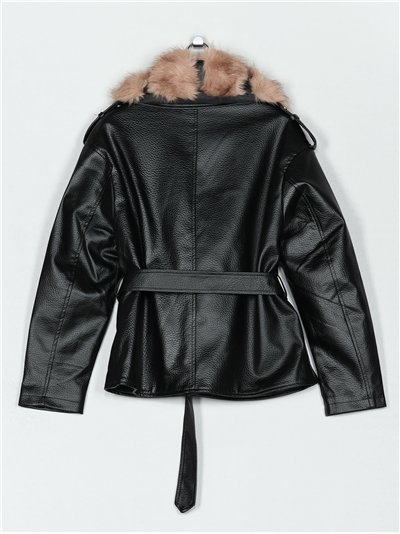 Chaqueta biker efecto piel con cinturón y cuello de pelo 2