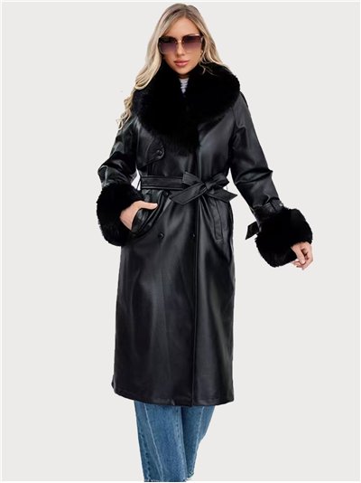 Abrigo largo efecto piel con cuello y puños de pelo