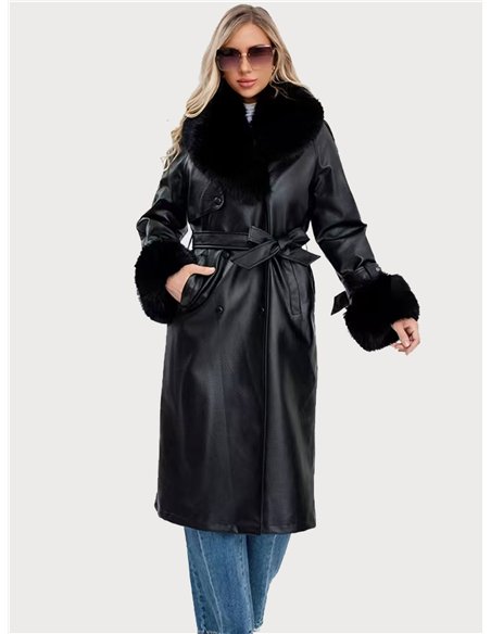 Abrigo largo efecto piel con cuello y puños de pelo