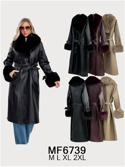 Abrigo largo efecto piel con cuello y puños de pelo 2