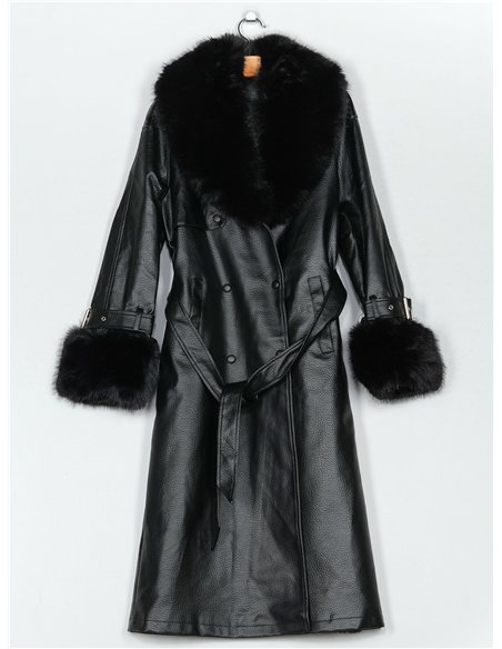 Abrigo largo efecto piel con cuello y puños de pelo