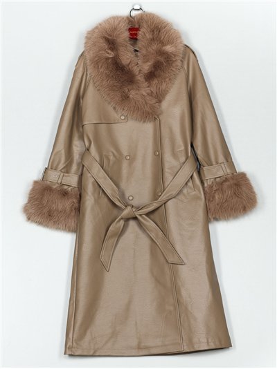 Abrigo largo efecto piel con cuello y puños de pelo