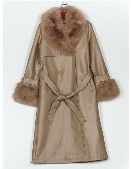 Abrigo largo efecto piel con cuello y puños de pelo