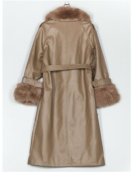 Abrigo largo efecto piel con cuello y puños de pelo