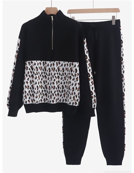 Conjunto de punto estampado leopardo - Sudadera + Pantalón